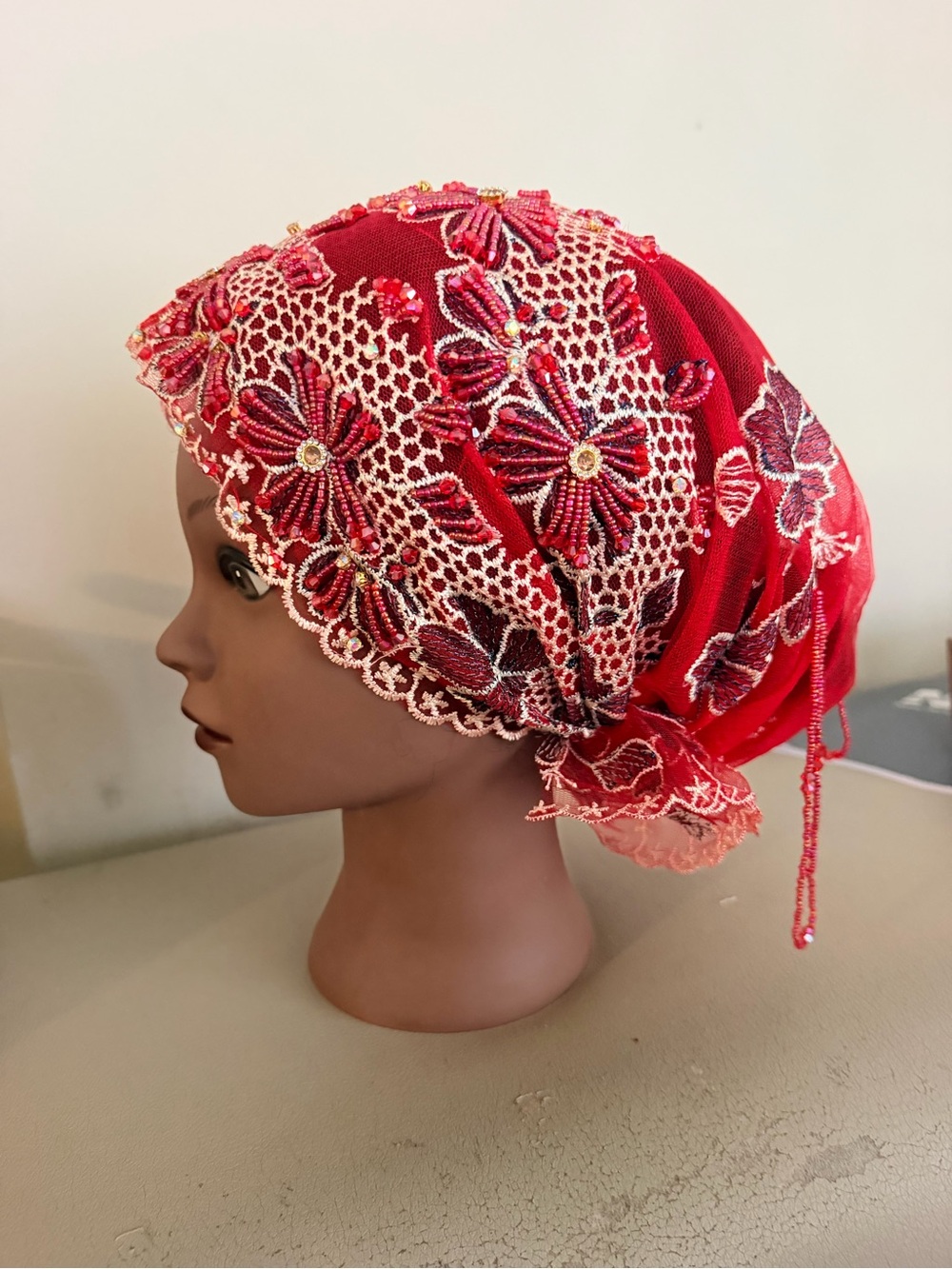 Embellished Red Floral Lace Headscarf